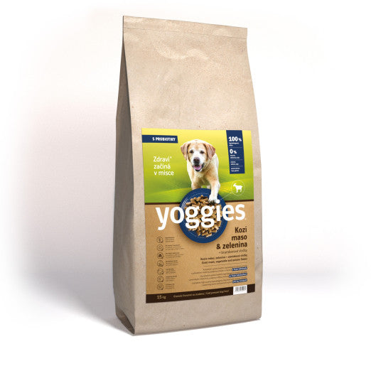15kg Yoggies Kozí maso&zelenina, hypoalergenní granule lisované za studena s probiotiky